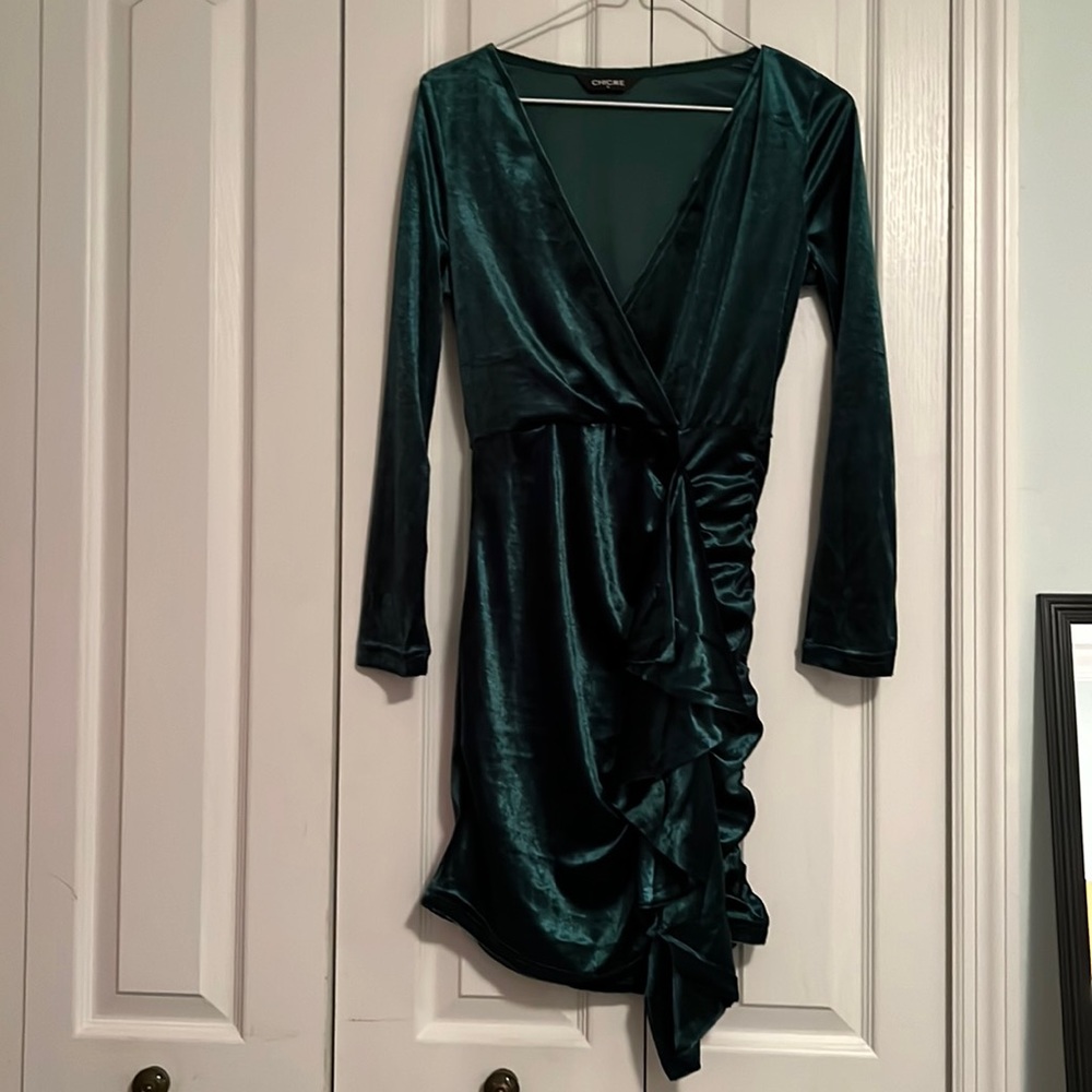 Green velvet cocktail dress